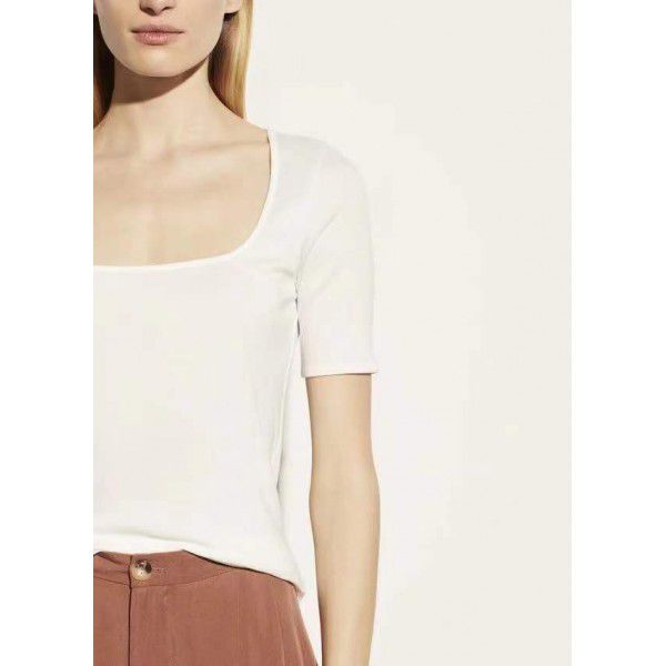 Women's T-shirt Cotton Style Commuter Square Neck Short Sleeve Slim Fit Solid Color T-shirt