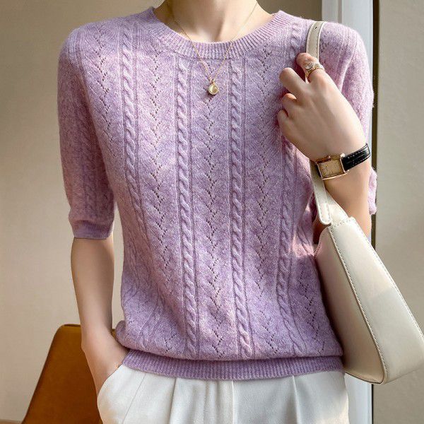 Spring round neck women's T-shirt Fried Dough Twists short sleeve women's all wool sweater loose bottomed half sleeve sweater thin