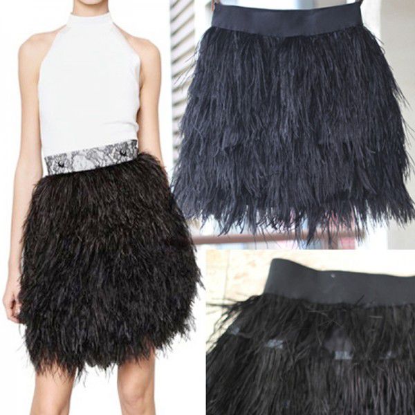 Pure black dazzling color A-line skirt, half length skirt, fur leather tassel skirt, autumn and winter fashion item