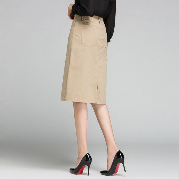 A-line skirt khaki skirt spring summer new OL professional skirt high waist slit buttocks one-step skirt white midskirt 