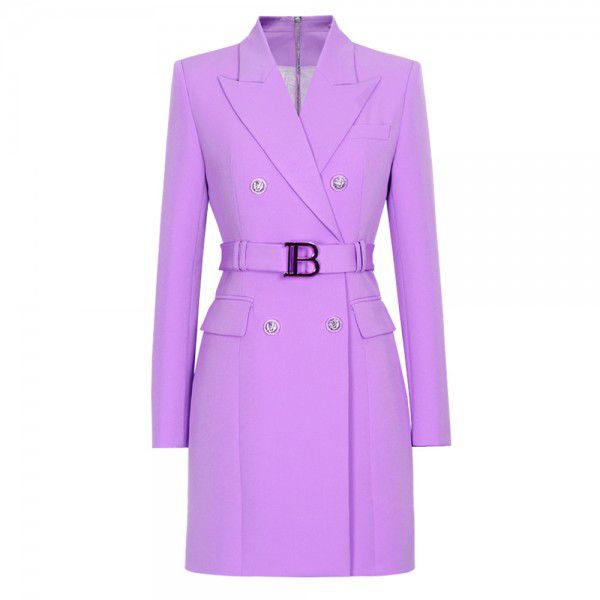 Spring and Autumn New Fashion High grade Solid Color Belt Long Sleeve Slim Fit Temperament Commuter Suit Dress Women