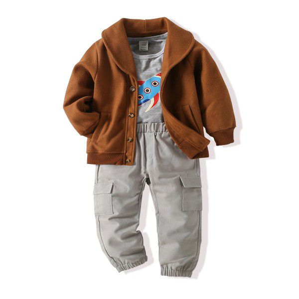 Boys' tweed coat gray rocket long sleeve T-shirt pants for small and medium-sized children 3-piece set 