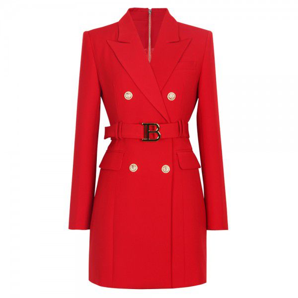 Spring and Autumn New Fashion High grade Solid Color Belt Long Sleeve Slim Fit Temperament Commuter Suit Dress Women