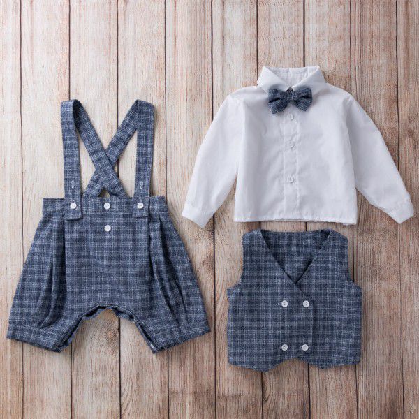 Children's Spring and Autumn Gentlemen's Dress Set Boys' Long Sleeve T-shirt Vest Strap Pants 3PK Set 