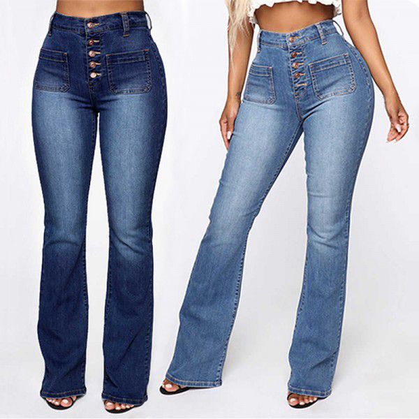 Women's Jeans Button Patch Pocket Water Wash Pants Jeans