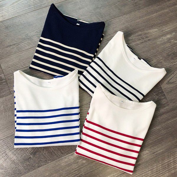 New coarse cotton striped T-shirt for women with long sleeved tops and autumn bottoms for women with loose spring and autumn bottoms for women 
