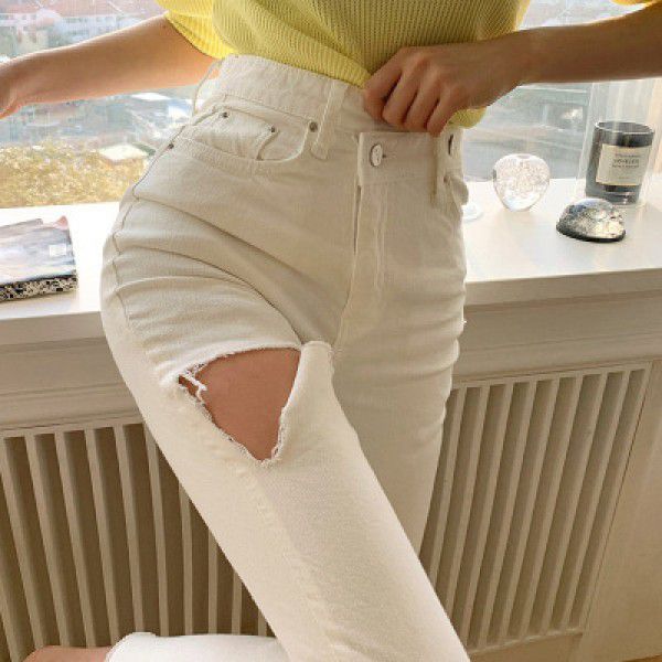 Korean High Waist White Jeans Women's Autumn/Winter Slim Fit and Slim French Split Straight Crop Pants with Broken Burr Edges 