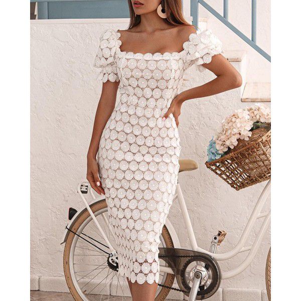Fashionable Lace Temperament Commuter Mid Skirt Tri Color Mid Waist Solid Wrap Chest Mid Length Dress