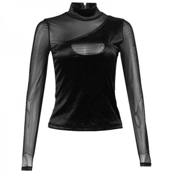 New Solid Color Spliced Mesh Sexy Slim Fit Long Sleeve Short T-shirt