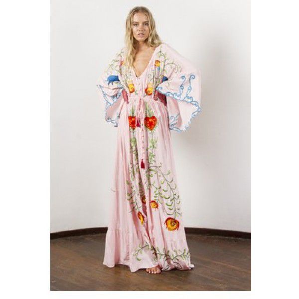 Autumn New Flower Embroidery V-neck Large Flare Sleeve Dress Long Dress