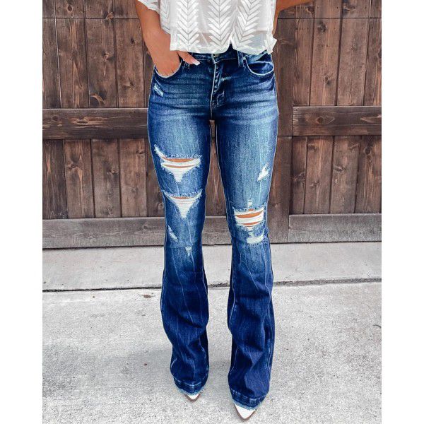 Street style denim micro flared pants with torn holes, washed long pants, women's jeans