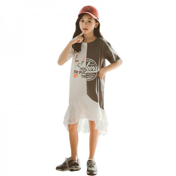 Summer Mid sized Girls' and Girls' Clothing Color Matching Letter T-shirt Short Sleeve Dress Children's Dress Parent-child Dress