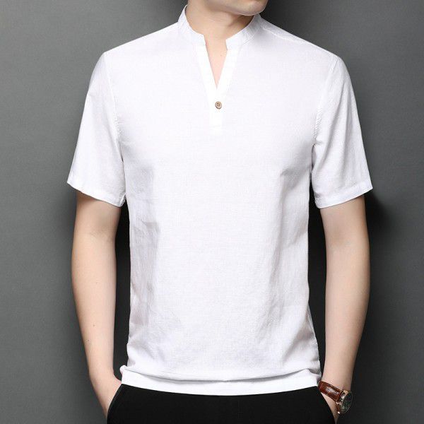 New Summer Men's Linen T-shirt Solid Fit Short Sleeve Casual