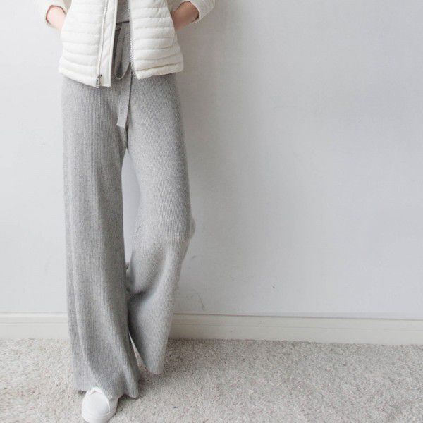 Cashmere knitted wide leg pants for women in autumn and winter wearing high waisted, thickened, and loose fitting casual straight tube floor mop wool pants
