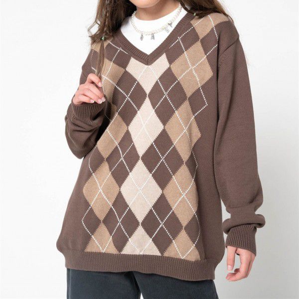 Women's college style diamond checkered V-neck loose casual woolen long sleeved top for women