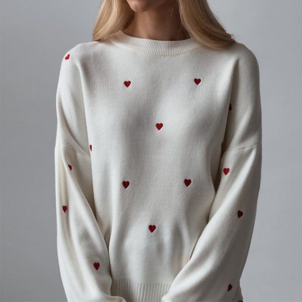 Love Embroidery Long Sleeve Knitted Sweater Women's Loose Embroidered Top Autumn and Winter Knitted Pullover