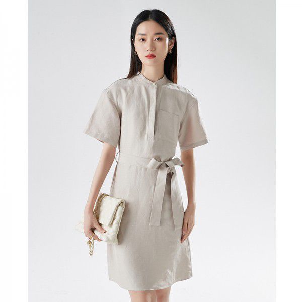 Spring New Women's Short Sleeve Design Feeling Waistband Round Neck Mid length Dress