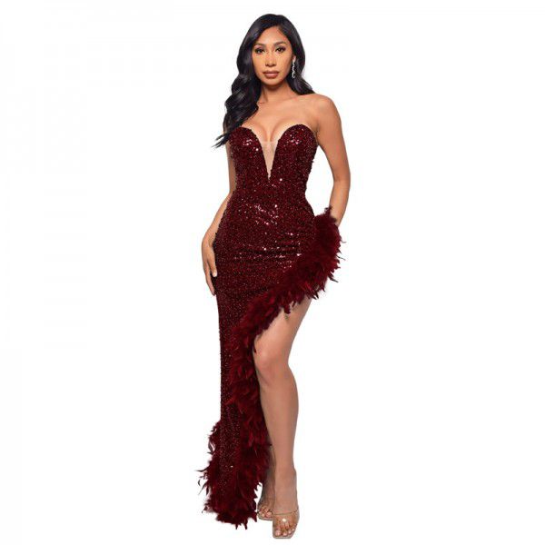 Long and luxurious dress with a bra and backless sequin, feather patchwork dress