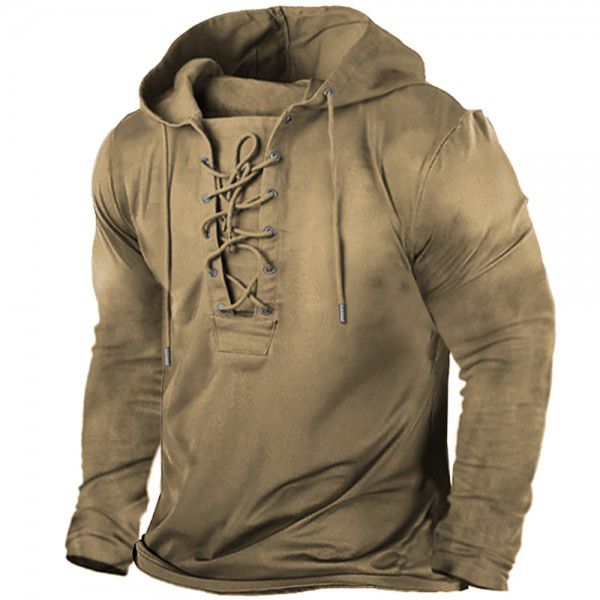 Men's Outdoor Vintage Lace Up Hooded Long Sleeve T-shirt Autumn Solid Casual Top