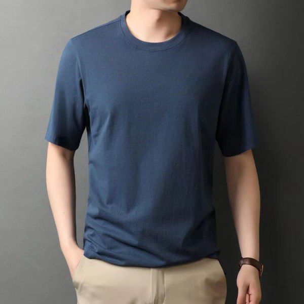 Short sleeved T-shirt for men, middle-aged and young, Korean casual fashion trend, solid color round neck pullover for men's T-shirt