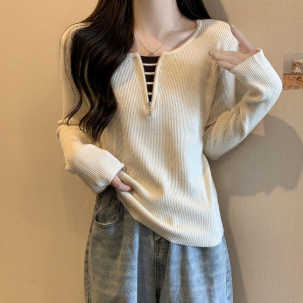 Large size belly covering fake two-piece V-neck long sleeved imitation knit top for women's autumn and winter loose fitting and slimming front shoulder bottom shirt