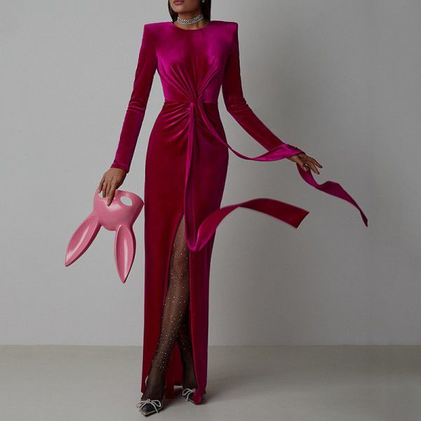 Women's Fashion Round Neck Pleated Zou Velvet Long Skirt Tight Split Dress Dress Long Style
