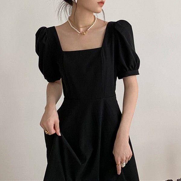 Black Dress Women's Summer New French Vintage Style Square Neck Waist Long Small Black Dress