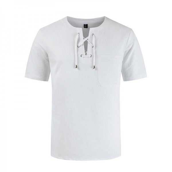 Summer New Street Men's Short Sleeve T-shirt Cotton Hemp Lacing Casual Fashion T-shirt