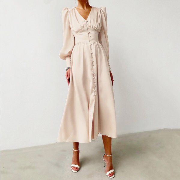 AliExpress New Solid Satin Fashionable Style V-Neck Design Sense Lantern Sleeve Mushroom Button Long Sleeve Dress for Women