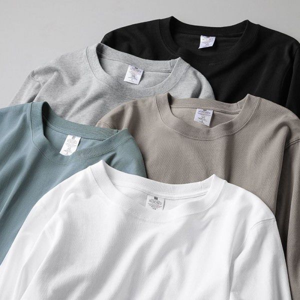 Long sleeved T-shirt for men in spring and autumn, round neck loose fitting pure white bottom shirt for men's upper garment