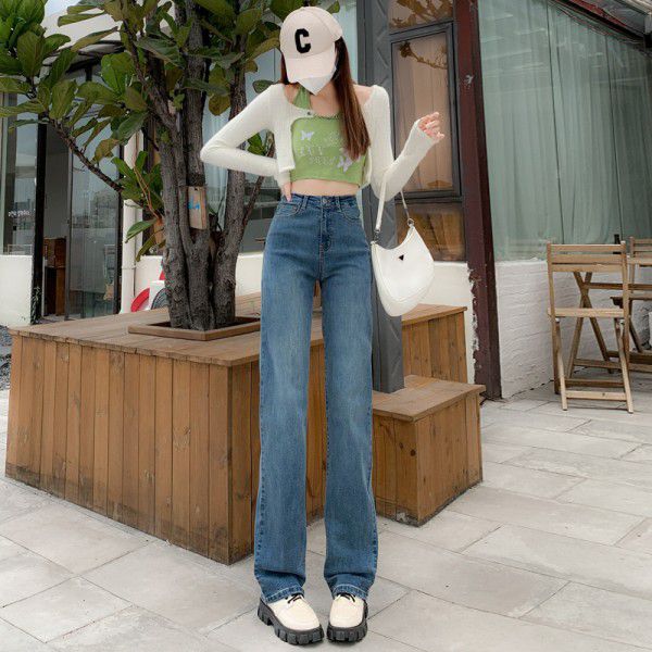 High Waist Retro Straight Leg Jeans Women's Loose Spring and Autumn New Slim Narrow Wide Leg Floor Dragging Pants Spring and Autumn 