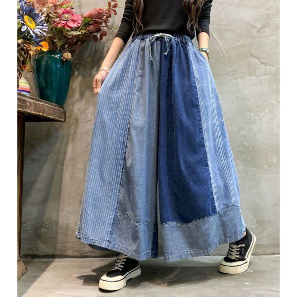 Denim Wide Leg Pants Spring New Fashion Personalized Color Matching Old Size Skirt Pants Cropped Pants Women 