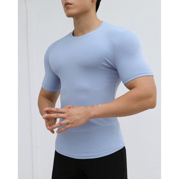 Sports Short Sleeve Men's Summer Solid Stripe Fitness Training Casual High Elastic Fit T-shirt Top