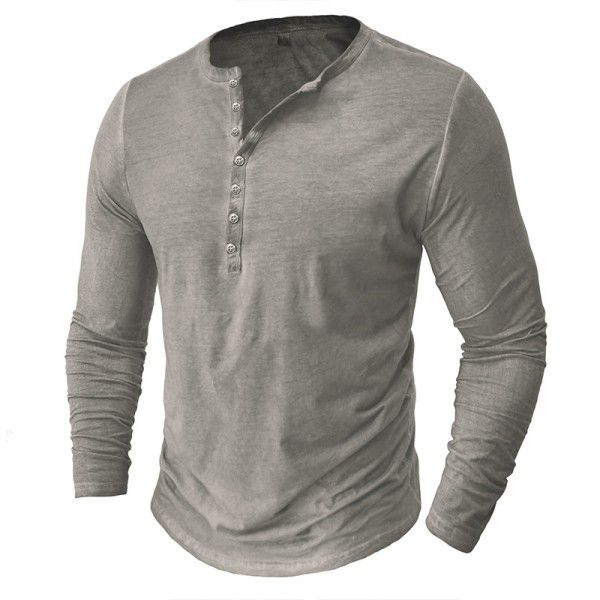 Men's imitation old Henry shirt retro long sleeved T-shirt cross-border men's button washed old V-neck T-shirt top