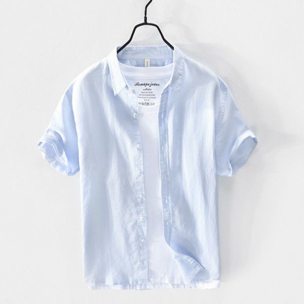 Summer casual simple cotton linen short sleeved men's shirt refreshing and fashionable men's shirt