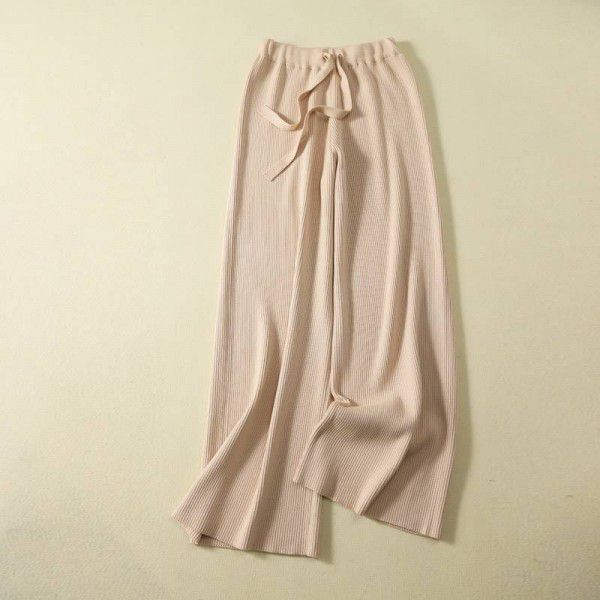 White wool knitted wide leg pants for women in autumn and winter, thickened high waist, thin straight tube, loose and draping casual pants 