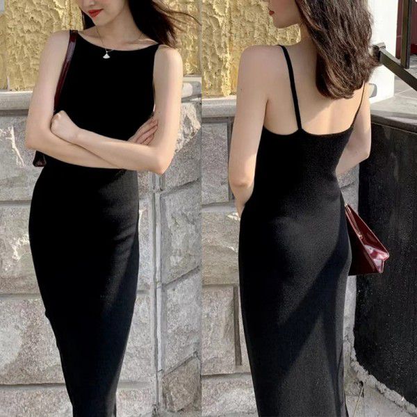 Spring and summer new women's clothing temperament simple knit suspender dress sexy backless small black dress