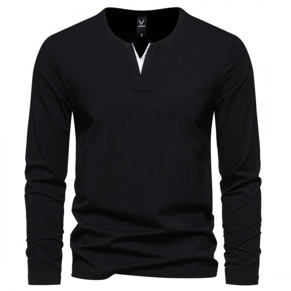 Autumn New Men's Fashion Henley T-shirt V-neck Long Sleeve T-shirt Casual Solid Underlay