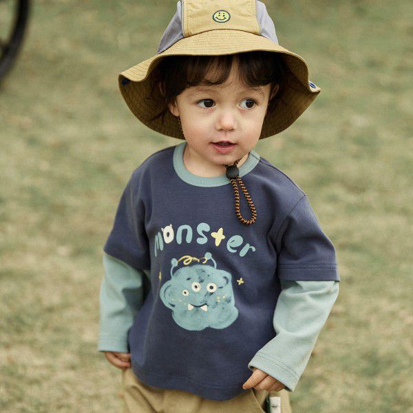 Autumn New Product Boys' T-shirt Children's Fake Two Piece Long Sleeve Inner Collar Colored Print Top Fashion