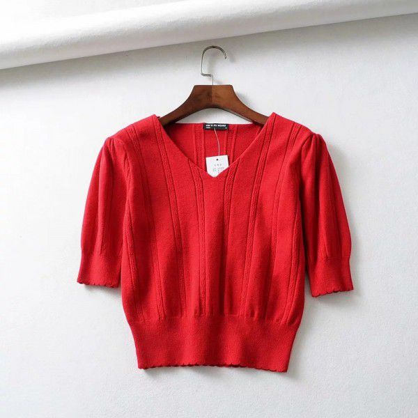 Small Wave Edge V-Neck Knitted Short Sleeve Top for Women's Summer New Mesh Hollow Waist Solid T-shirt