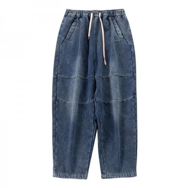 Large loose plush jeans women's new winter elastic waist patchwork Haren pants vintage daddy pants 