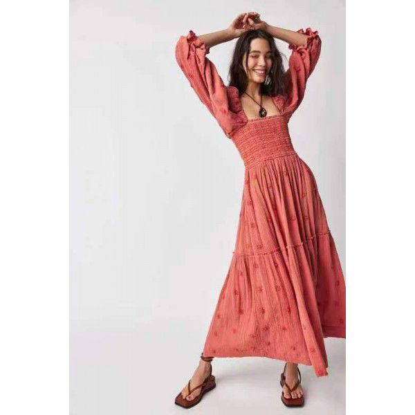 Autumn New Casual Flare Sleeves Embroidered Square Neck Sunflower Large Swing Dress