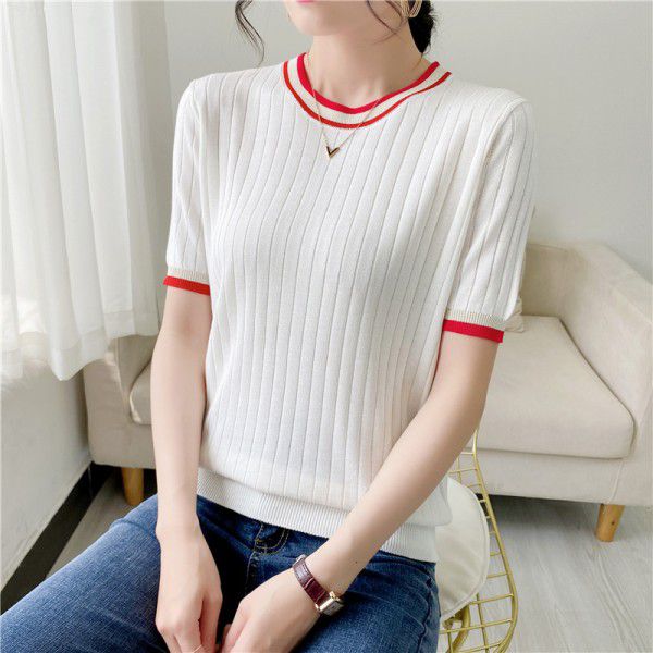 Ice hemp short sleeved t-shirt for women in summer, new women's color matching, thin and fashionable, slimming, ice silk base knit shirt for women