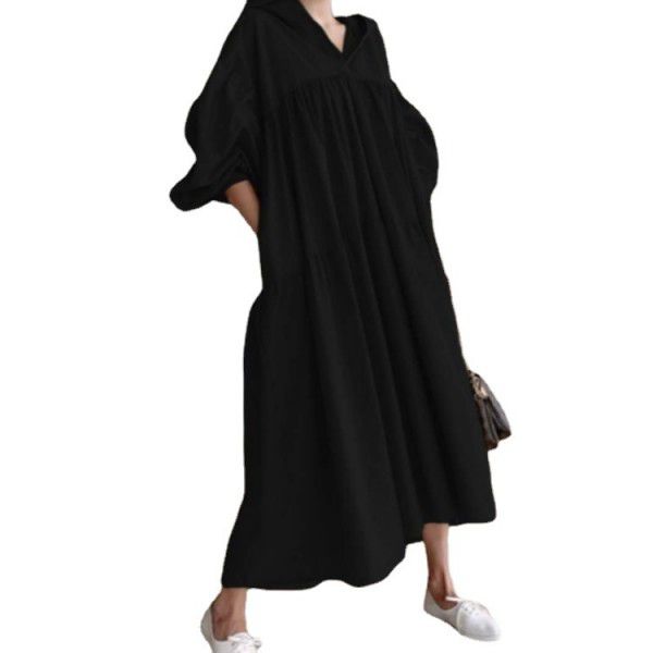Loose fitting dress fashion lantern sleeve doll dress khaki hooded dress shirt women's long dress