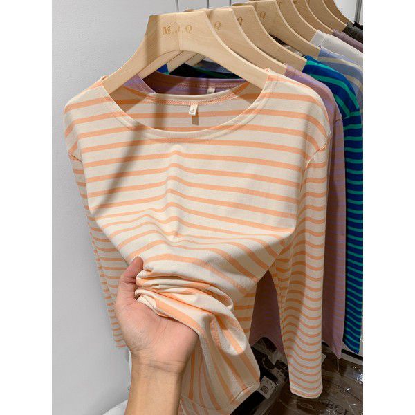 Cotton loose striped bottom shirt for women with spring and autumn Korean design sense long-sleeved T-shirt round neck versatile top 