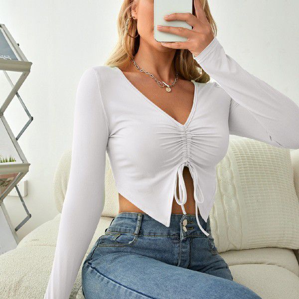 V-neck long sleeved drawstring slim fitting exposed navel top breathable pleated solid color simple sweet T-shirt Women's casual spring and autumn top 