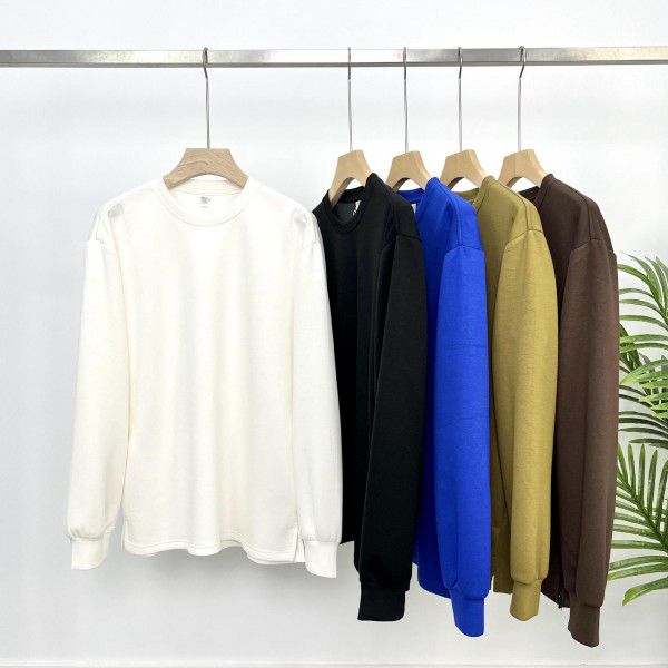 Autumn Simple Solid Color Premium Long Sleeve Fixed Dye Air Layer Special Fabric Men's Backing Versatile Loose T-shirt 