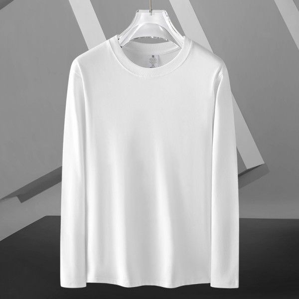 Long sleeved T-shirt for men in spring and autumn, round neck loose fitting pure white bottom shirt for men's upper garment