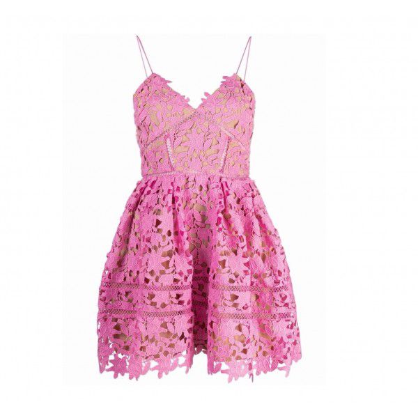 Autumn and Winter New Bubble Sugar Pink Rhododendron Lace Hollow out Dress Short Sleeveless Solid Color Dress