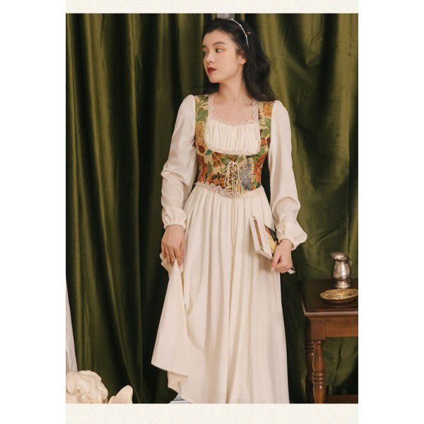 New Real Time Retro Oil Painting Embroidery Spliced Lace up Velvet Dress